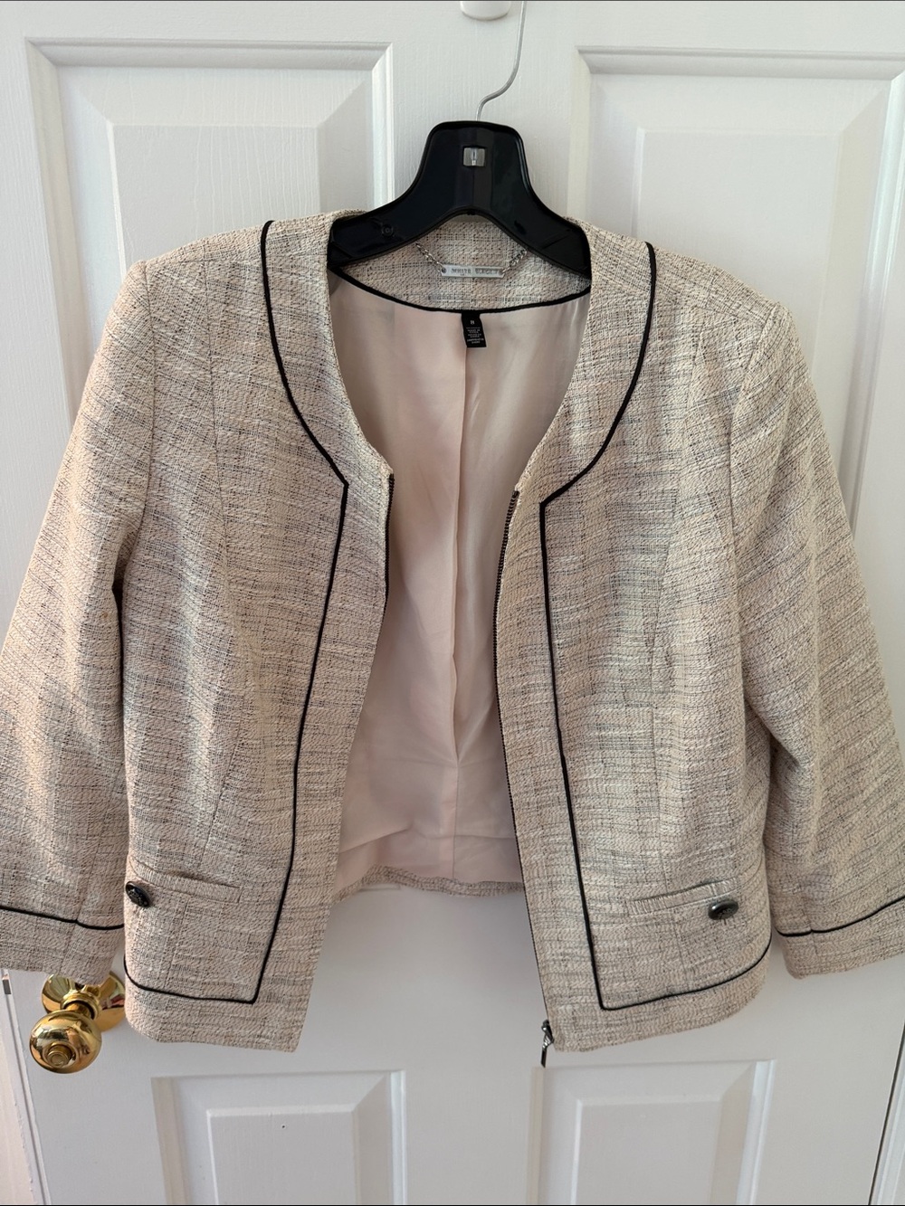 Women's Cream Tweed Open-Front Jacket with Contrast Trim